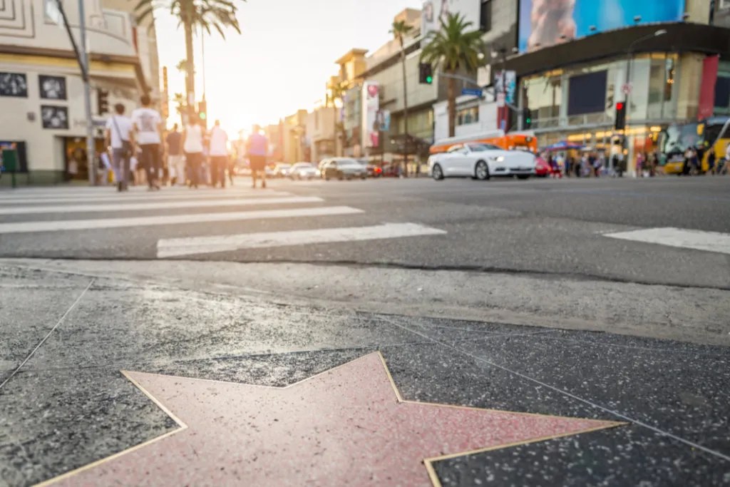 A Hollywood Walk of Fame star on a busy boulevard at golden hour